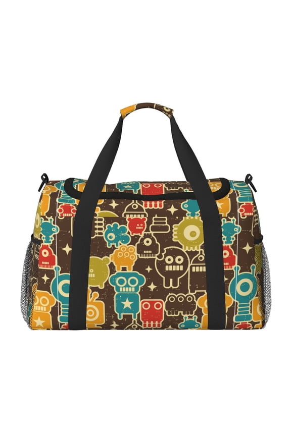 Robot and Monsters Print Travel Duffle Bag,Weekender Bags for Women with Shoe Compartment, Gym Duffel Bag with Wet Pocket, Hospital Bags for Labor and Delivery