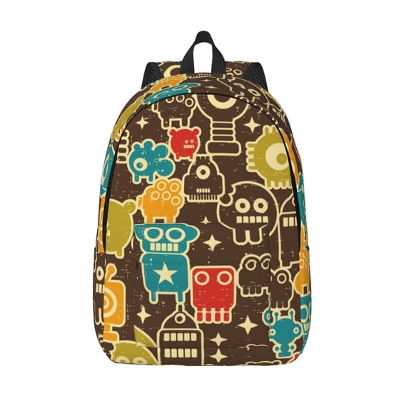 Picia Robot and Monsters Printed Canvas Daypack - Stylish and Durable Vintage Compact Backpack - Class, Work, Travel, or Laptop Bookbag,Organized Compartments-Small