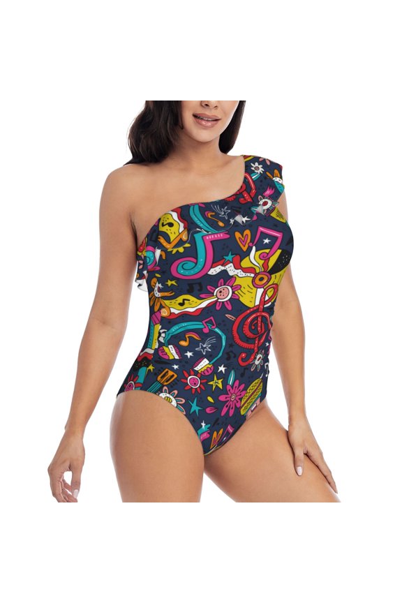 Rock Music Pattern Women's One Piece Swimsuits,One Shoulder Swimwear Asymmetric ,Ruffle Monokinis Bathing Suits,High Waisted Flattering Bathing Suits-Large