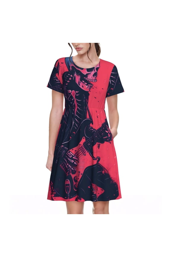 Rock Skull Guitarist Pattern Women's Short Sleeve Summer Dress Pleated Loose Swing Knee Length Short Sleeve Swing Dresses