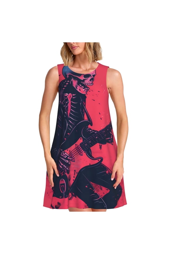 Rock Skull Guitarist Print Women’s Sleeveless Midi Swing Dress – A-Line Pleated Tank Sundress, Comfortable and Flowy T-Shirt Dress