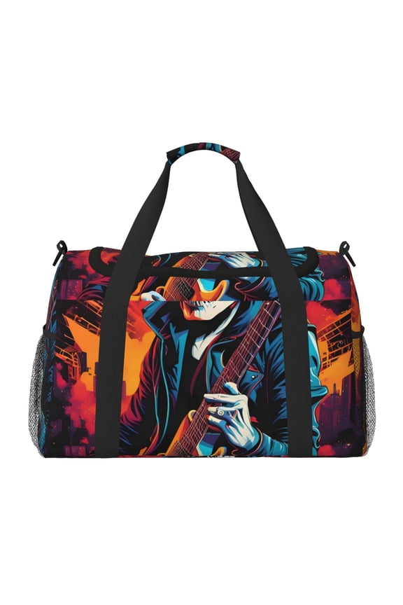 Rock Skull Singer Print Travel Duffle Bag,Weekender Bags for Women with Shoe Compartment, Gym Duffel Bag with Wet Pocket, Hospital Bags for Labor and Delivery