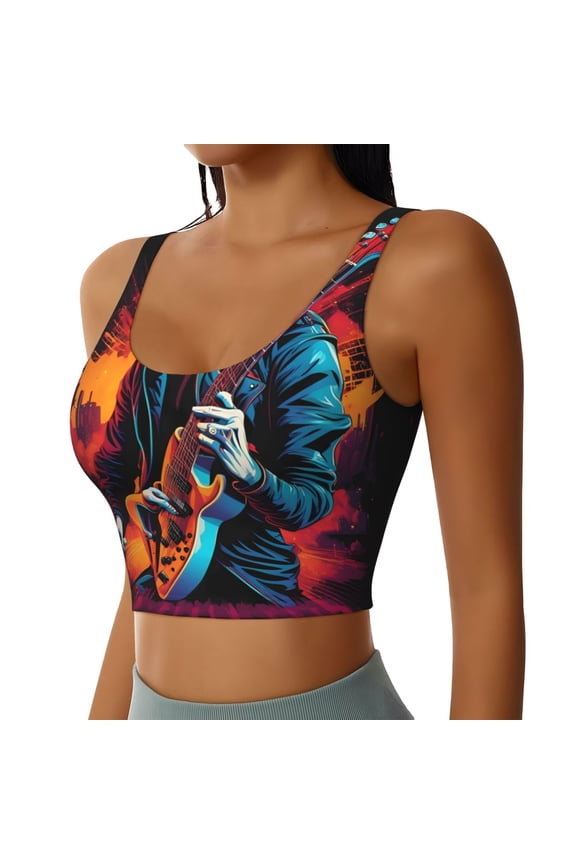 Rock Skull Singer Sports Bra for Women,Padded Strappy Sports Bras Medium Support Yoga Bra with Removable Cups,Running Yoga Bra-Large
