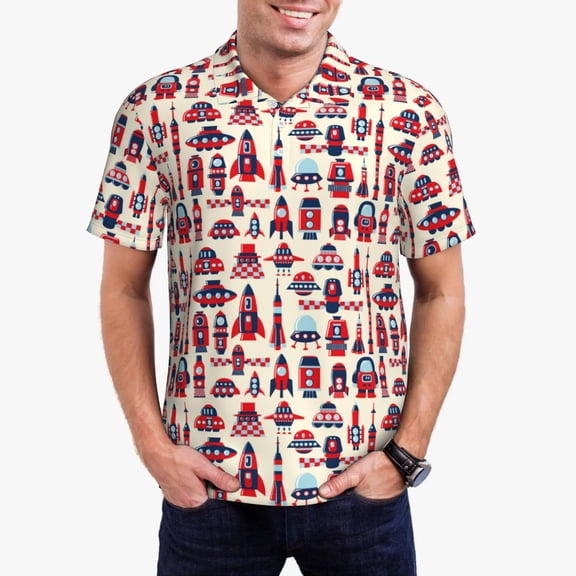 Picia Rocket Pattern Print Men's Polo Shirt, Two-Button Closure Pique Polo Shirt, Summer Fashion Golf Shirt-Medium