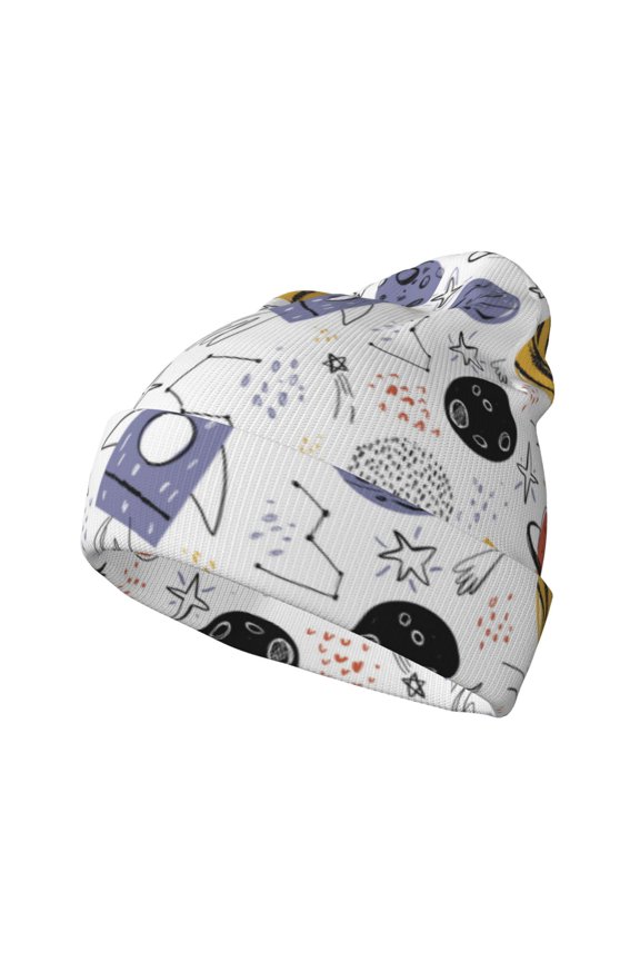 Rocket Planets Pattern Knitted Beanie Hat for Men and Women , Unisex Winter Warm Stretchy Knit Cap Thick Fisherman Beanies Cuffed Plain Skull Caps