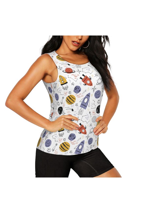 Rocket Planets Pattern Women's Workout Tank Top,Breathable Activewear,Slim Fit Athletic Top,Versatile Workout Moisture-wicking top-XX-Large