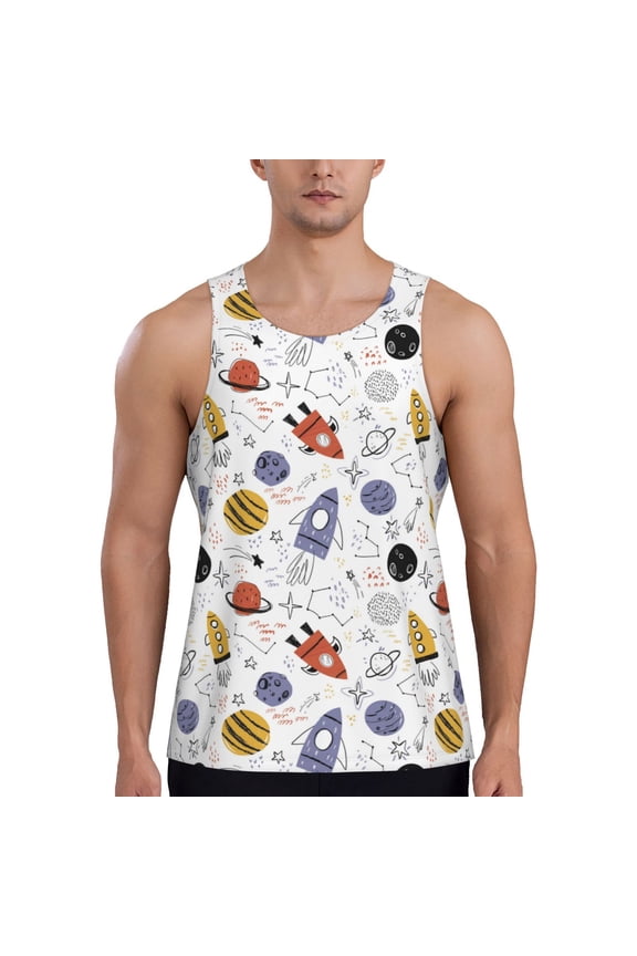 Rocket Planets Printed Men’s Performance Tank, Men's Workout Tank Top Moisture-Wicking Tank Top Muscle tee, Breathable Workout Shirt-Large