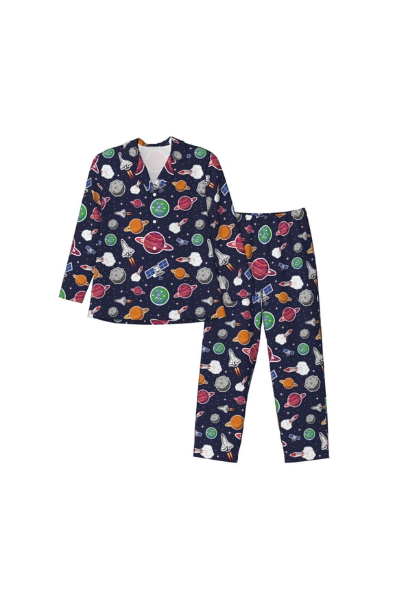 Rocket Satellite Pattern Men’s Long-Sleeve Sleepwear Set - Soft 2-Piece Loungewear with Pockets, Comfy PJs for Relaxing Nights-X-Large