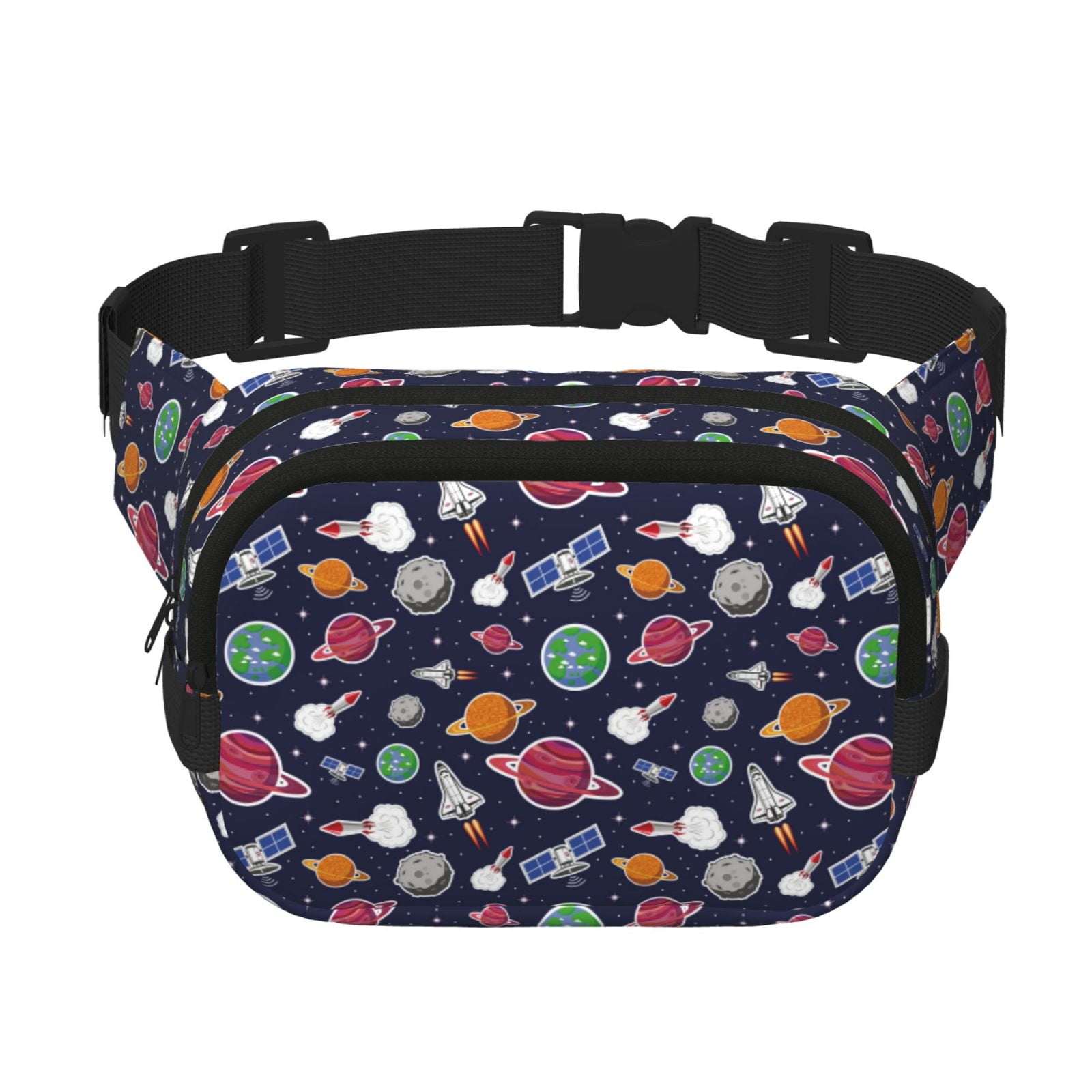 Picia Rocket Satellite Print Square Double-Layer Waist Bag Mini Adjustable Waist Belt Bag Exercise Running Travel Hiking