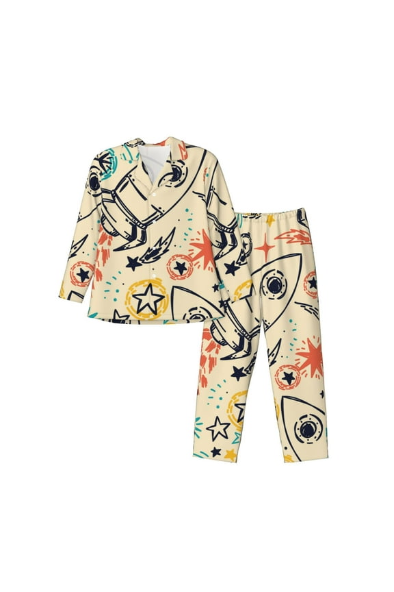 Rockets Pattern Men’s Long-Sleeve Sleepwear Set - Soft 2-Piece Loungewear with Pockets, Comfy PJs for Relaxing Nights-Small
