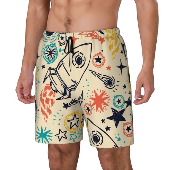 Picia Rockets pattern Mens Swim Trunks with Compression Liner Stretch Beach Shorts Quick Dry with Zipper Pockets No-Chafing Board Shorts-Medium