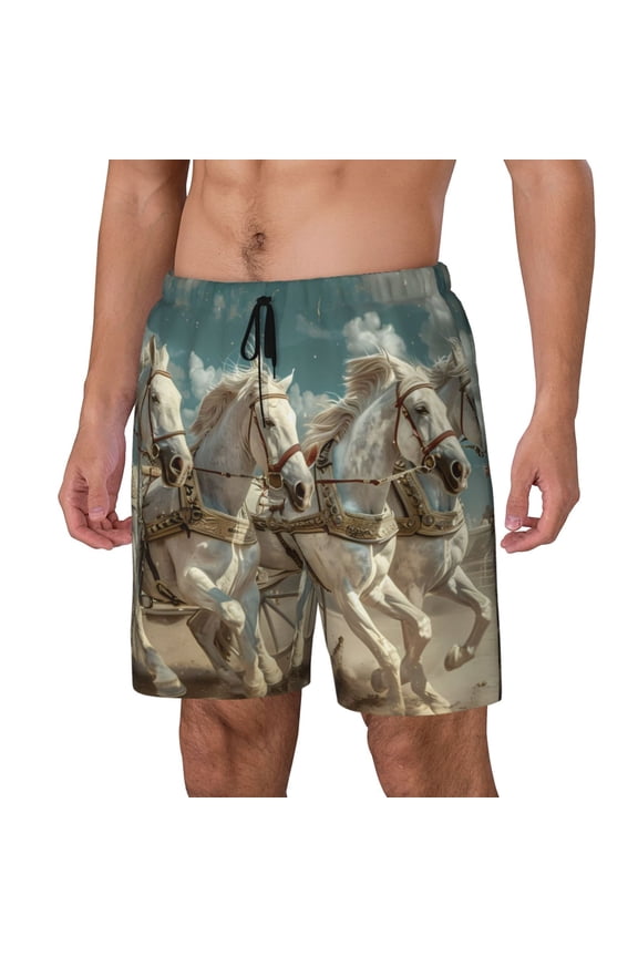 Roman Chariot Horse Race pattern Mens Swim Trunks with Compression Liner Stretch Beach Shorts Quick Dry with Zipper Pockets No-Chafing Board Shorts-Small