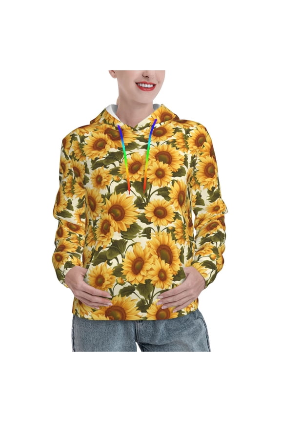 Romantic Elegant Sunflower Pattern Casual Women's Hoodie, Hooded Sweatshirt with Kangaroo Pocket, Comfortable Pullover with Eye-catching Drawstrings-Large