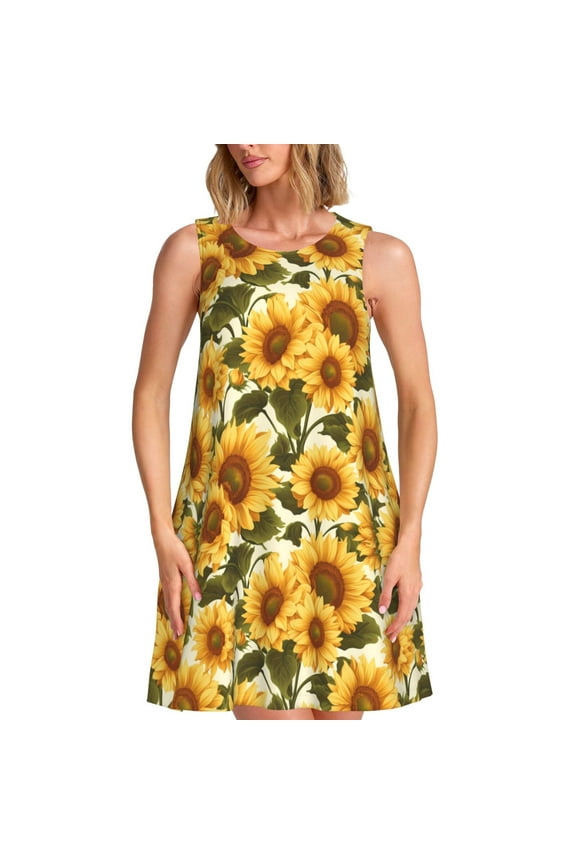Romantic Elegant Sunflower Print Women’s Sleeveless Midi Swing Dress – A-Line Pleated Tank Sundress, Comfortable and Flowy T-Shirt Dress