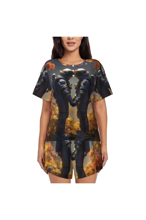 Romantic Flower Astronaut Couple Pajamas Sets for Women Soft Short-Sleeved Pjs with Lounge Shorts Two Piece Sleepwear-4X-Large