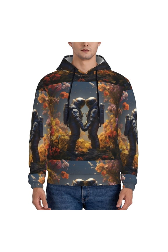 Romantic Flower Astronaut Couple Pattern Casual Men's Hoodie - Lightweight Hooded Sweatshirt with Kangaroo Pocket, Comfortable Pullover for Everyday, Travel-4X-Large
