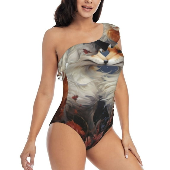 Picia Romantic Flower Fox Couple Pattern Women's One Piece Swimsuits,One Shoulder Swimwear Asymmetric ,Ruffle Monokinis Bathing Suits,High Waisted Flattering Bathing Suits-Medium