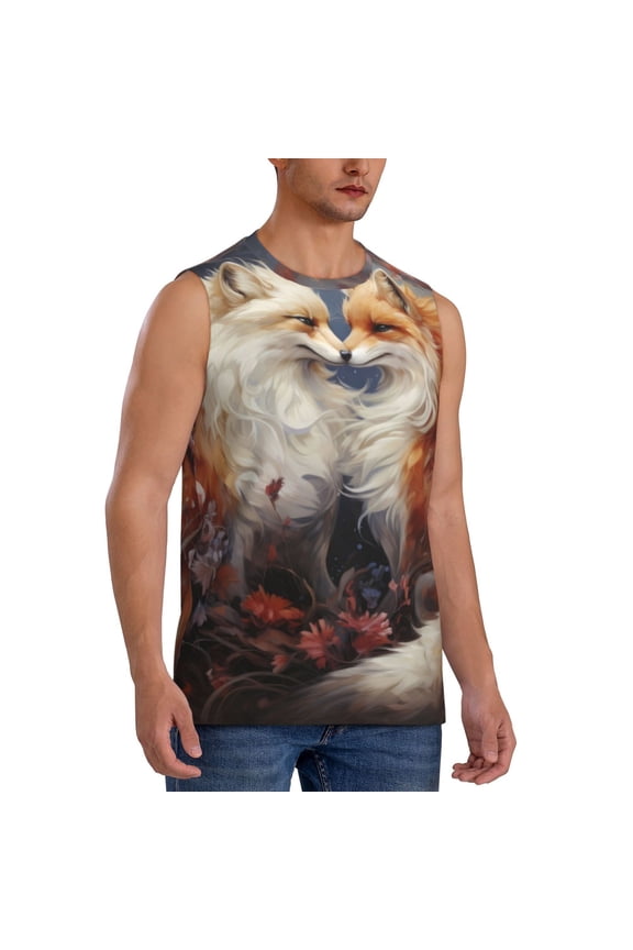Romantic Flower Fox Couple mens Cotton Tank Undershirts , Moisture-wicking Ribbed Tanks, Lightweight Cotton Tank Undershirts-Medium