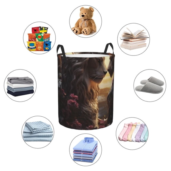 Picia Romantic Flower Lion Couple Large Laundry Basket, Waterproof, Freestanding Laundry Hamper, Collapsible Tall Clothes Hamper with Extended Handles-Medium