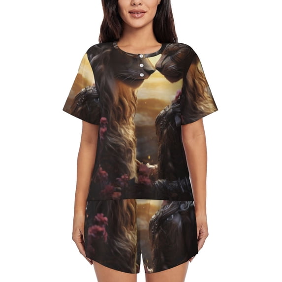 Picia Romantic Flower Lion Couple Pajamas Sets for Women Soft Short-Sleeved Pjs with Lounge Shorts Two Piece Sleepwear-X-Large