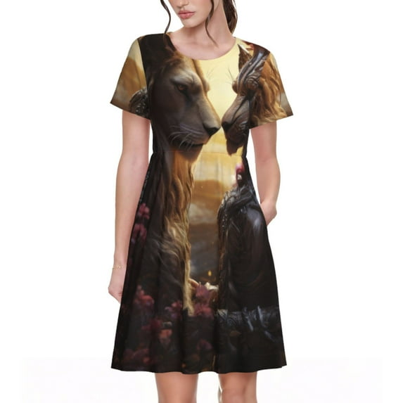 Picia Romantic Flower Lion Couple Pattern Women's Short Sleeve Summer Dress Pleated Loose Swing Knee Length Short Sleeve Swing Dresses