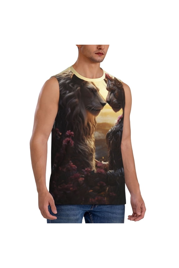 Romantic Flower Lion Couple mens Cotton Tank Undershirts , Moisture-wicking Ribbed Tanks, Lightweight Cotton Tank Undershirts-Small
