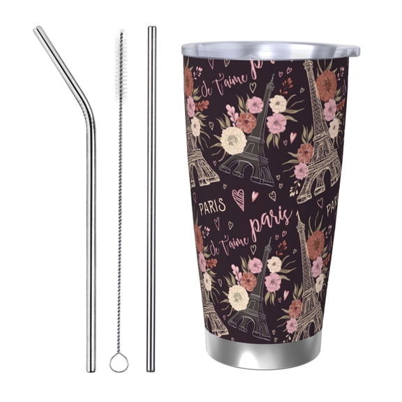 Picia Romantic Paris Pattern 20 oz Tumbler Stainless Steel Vacuum Insulated Coffee Ice Cup Double Wall Travel Flask Dual Lid Water Bottle, Eco-friendly Car Cup-Straw Three-piece Set