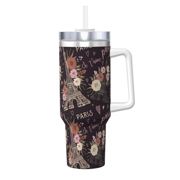 Picia Romantic Paris Pattern 40oz Ice Bully Insulated Tumbler with Handle, Double-Wall Stainless Steel Cup, Leak-Proof Lid and Straw