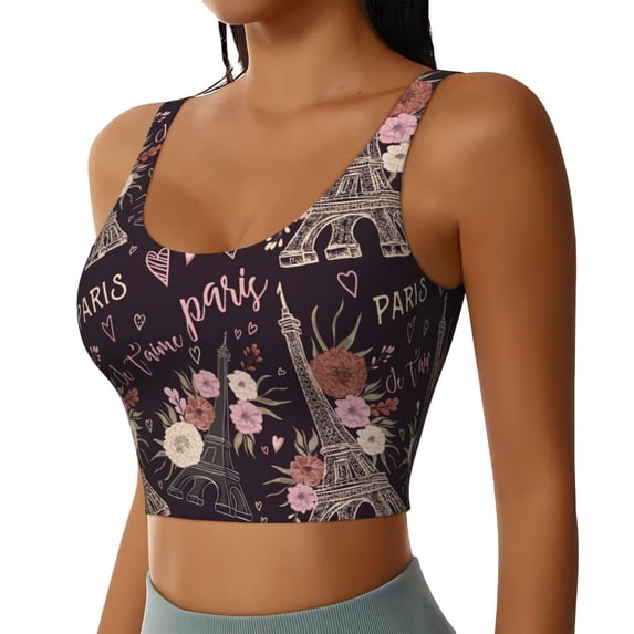 Picia Romantic Paris Sports Bra for Women,Padded Strappy Sports Bras Medium Support Yoga Bra with Removable Cups,Running Yoga Bra-Small