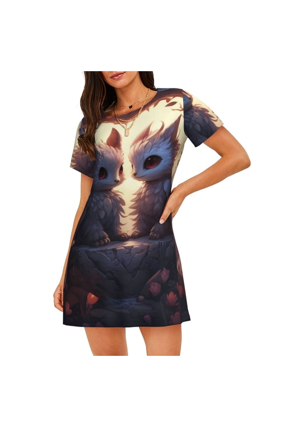 Romantic Rose Animal Couple Pattern Women’s Nightdress – Casual Short-sleeved Loose-Fit Sleepwear, Soft Cotton Short-Sleeve Sleep Shirt for Relaxation & Comfort