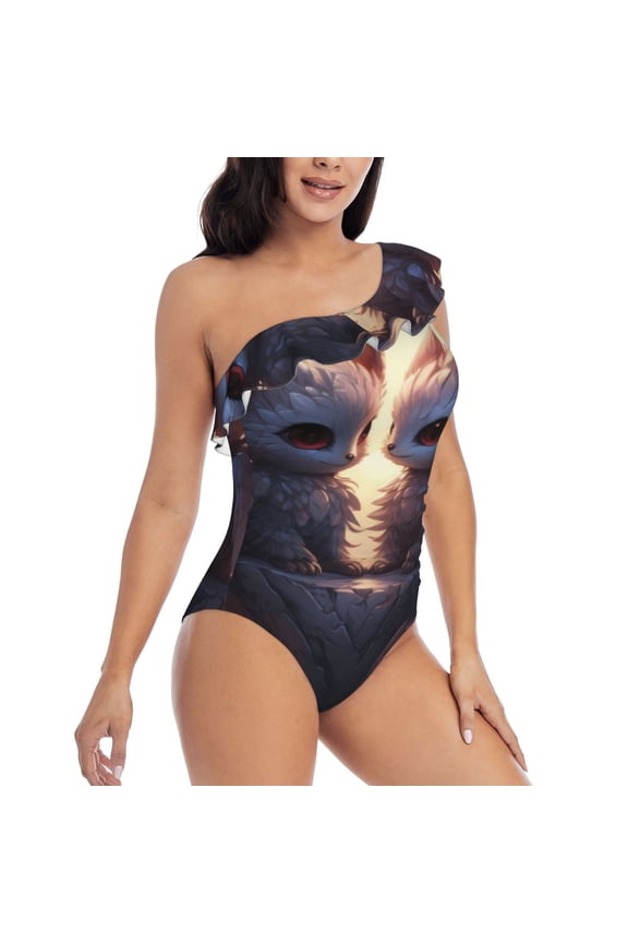 Romantic Rose Animal Couple Pattern Women's One Piece Swimsuits,One Shoulder Swimwear Asymmetric ,Ruffle Monokinis Bathing Suits,High Waisted Flattering Bathing Suits-Small