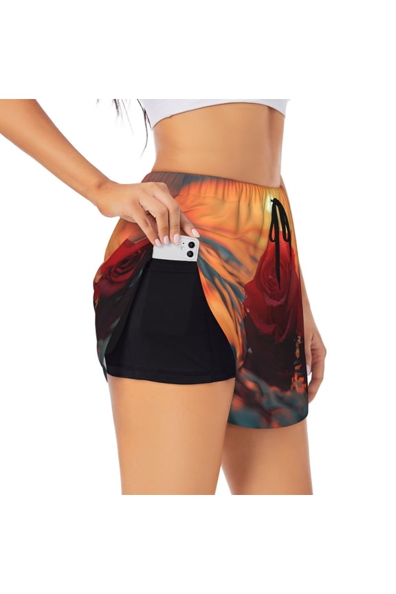 Romantic Roses Sunset Ocean Pattern Women's 2 in 1 Athletic Running Shorts High Waisted Workout Casual Gym Sweat Shorts with Comfy Liner Zipper Pockets-Medium