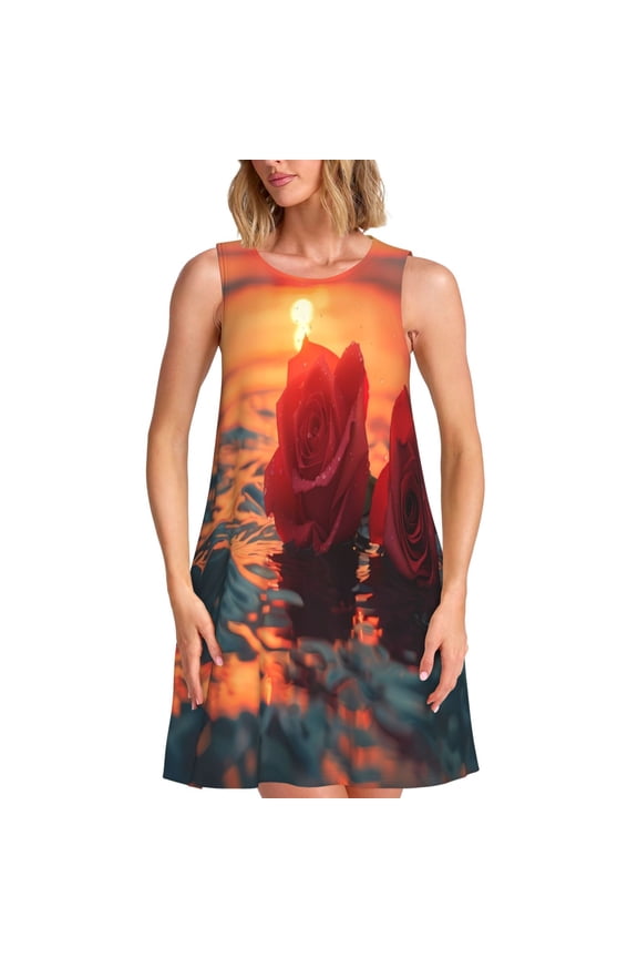 Romantic Roses Sunset Ocean Print Women’s Sleeveless Midi Swing Dress – A-Line Pleated Tank Sundress, Comfortable and Flowy T-Shirt Dress