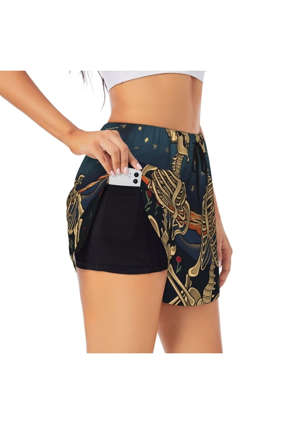 Romantic Skeletons Under Moon Pattern Women's 2 in 1 Athletic Running Shorts High Waisted Workout Casual Gym Sweat Shorts with Comfy Liner Zipper Pockets-