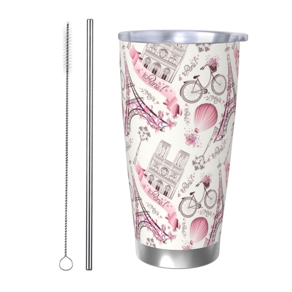 Picia Romantic Travel In Paris Pattern 20 oz Tumbler Stainless Steel Vacuum Insulated Coffee Ice Cup Double Wall Travel Flask Dual Lid Water Bottle, Eco-friendly Car Cup