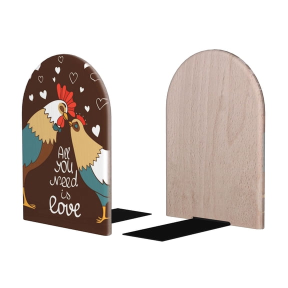 Picia Rooster And Chicken Pattern Wood Bookends for Shelves,Non-slip Bookends, Heavy Duty Wooden Bookend Support,1 Pair