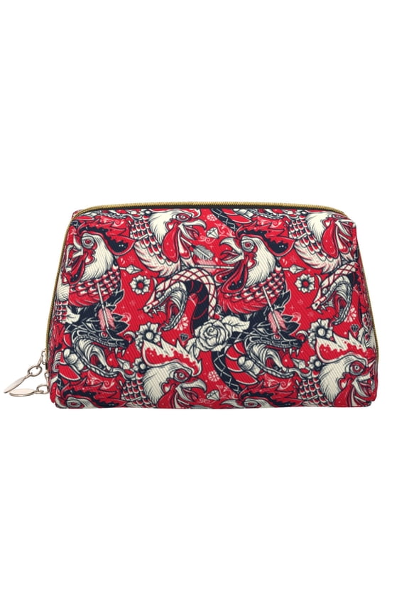 Rooster Head Print Leather Makeup Bag Make Up Bag Travel Toiletry Bag for Her Girlfriend Teacher Teen Girl Gifts