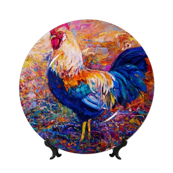 Picia Rooster Oil Painting Pattern Bone China Decorative Plate – Wall Decor with Stand and Adhesive, Elegant Ornament for Living Room, Office, or Entryway-7in