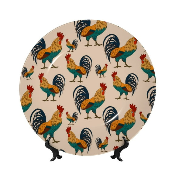 Picia Rooster Pattern Bone China Decorative Plate – Wall Decor with Stand and Adhesive, Elegant Ornament for Living Room, Office, or Entryway-6in