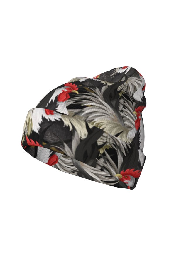 Roosters 2 Pattern Knitted Beanie Hat for Men and Women , Unisex Winter Warm Stretchy Knit Cap Thick Fisherman Beanies Cuffed Plain Skull Caps