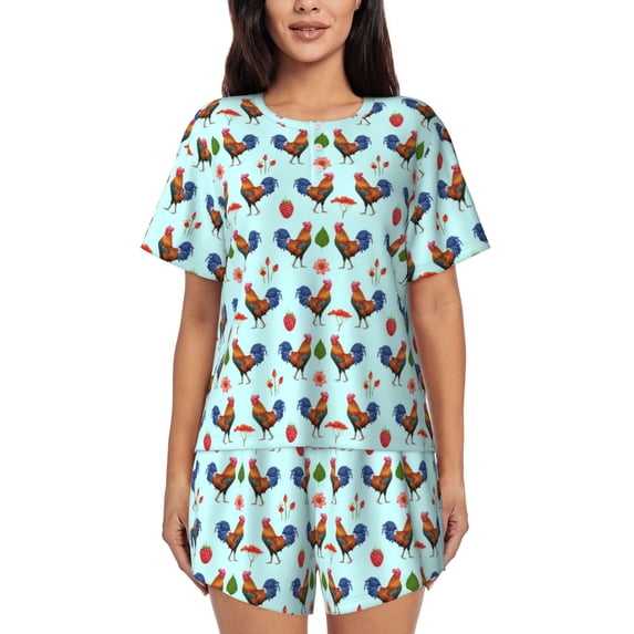 Picia Roosters And Plants Pajamas Sets for Women Soft Short-Sleeved Pjs with Lounge Shorts Two Piece Sleepwear-XX-Large