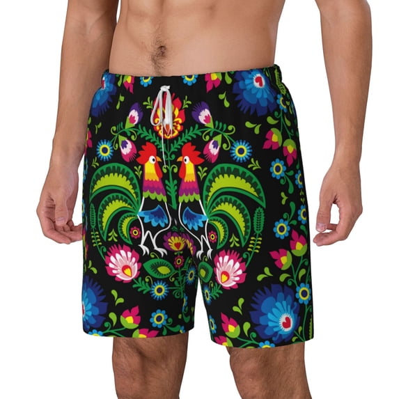 Picia Roosters and Flowers pattern Mens Swim Trunks with Compression Liner Stretch Beach Shorts Quick Dry with Zipper Pockets No-Chafing Board Shorts-Large