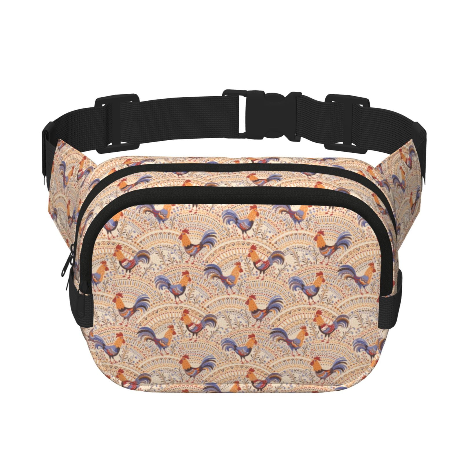 Picia Roosters In Floral Print Square Double-Layer Waist Bag Mini Adjustable Waist Belt Bag Exercise Running Travel Hiking