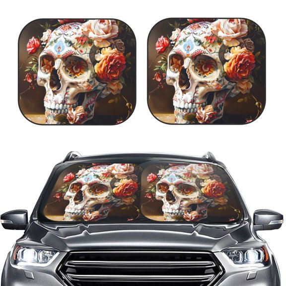 Picia Rose Floral Skull 2 Piece Car Windshield Sun Shade Foldable | Foldable Sun Shield for Front Window Blocks UV Rays and Keeps Your Vehicle Cool-Large