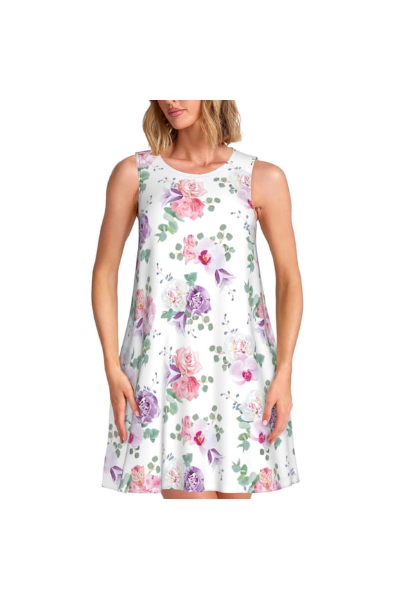 Rose Flower B Print Women’s Sleeveless Midi Swing Dress – A-Line Pleated Tank Sundress, Comfortable and Flowy T-Shirt Dress