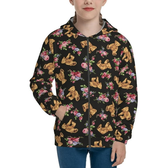 Picia Rose Flower Bear for Boys Fashion Full-zip Hoodies & Sweatshirts with Kangaroo Pocket,Zip-up Hooded Sweatshirt for Kid, Moisture Wicking & Breathable-Small