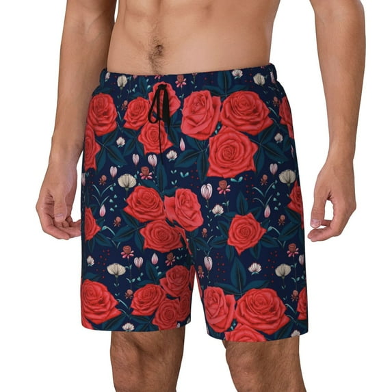Picia Rose Flower pattern Mens Swim Trunks with Compression Liner Stretch Beach Shorts Quick Dry with Zipper Pockets No-Chafing Board Shorts-