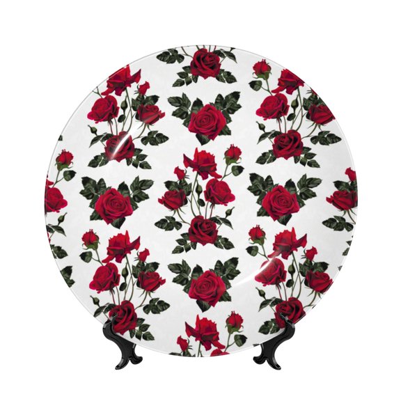 Picia Rose Flowers Pattern Bone China Decorative Plate – Wall Decor with Stand and Adhesive, Elegant Ornament for Living Room, Office, or Entryway-10in