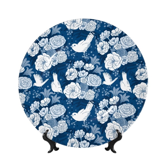 Picia Rose Flowers Pattern Bone China Decorative Plate – Wall Decor with Stand and Adhesive, Elegant Ornament for Living Room, Office, or Entryway-7in