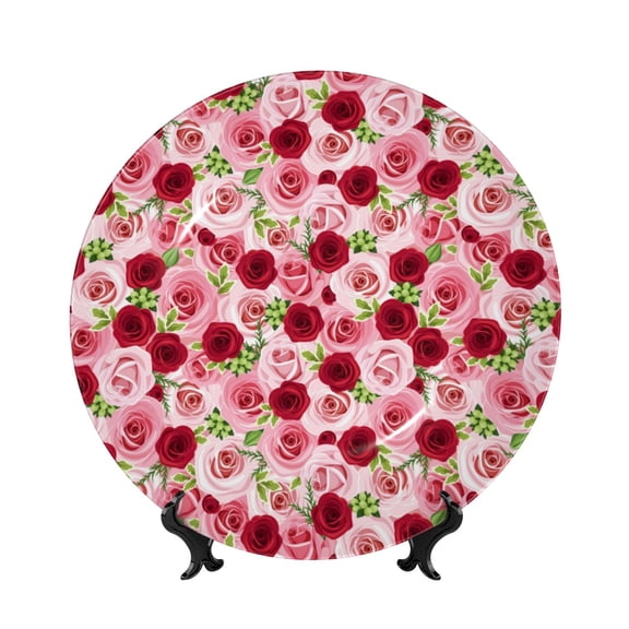 Picia Rose Flowers Pattern Bone China Decorative Plate – Wall Decor with Stand and Adhesive, Elegant Ornament for Living Room, Office, or Entryway-7in